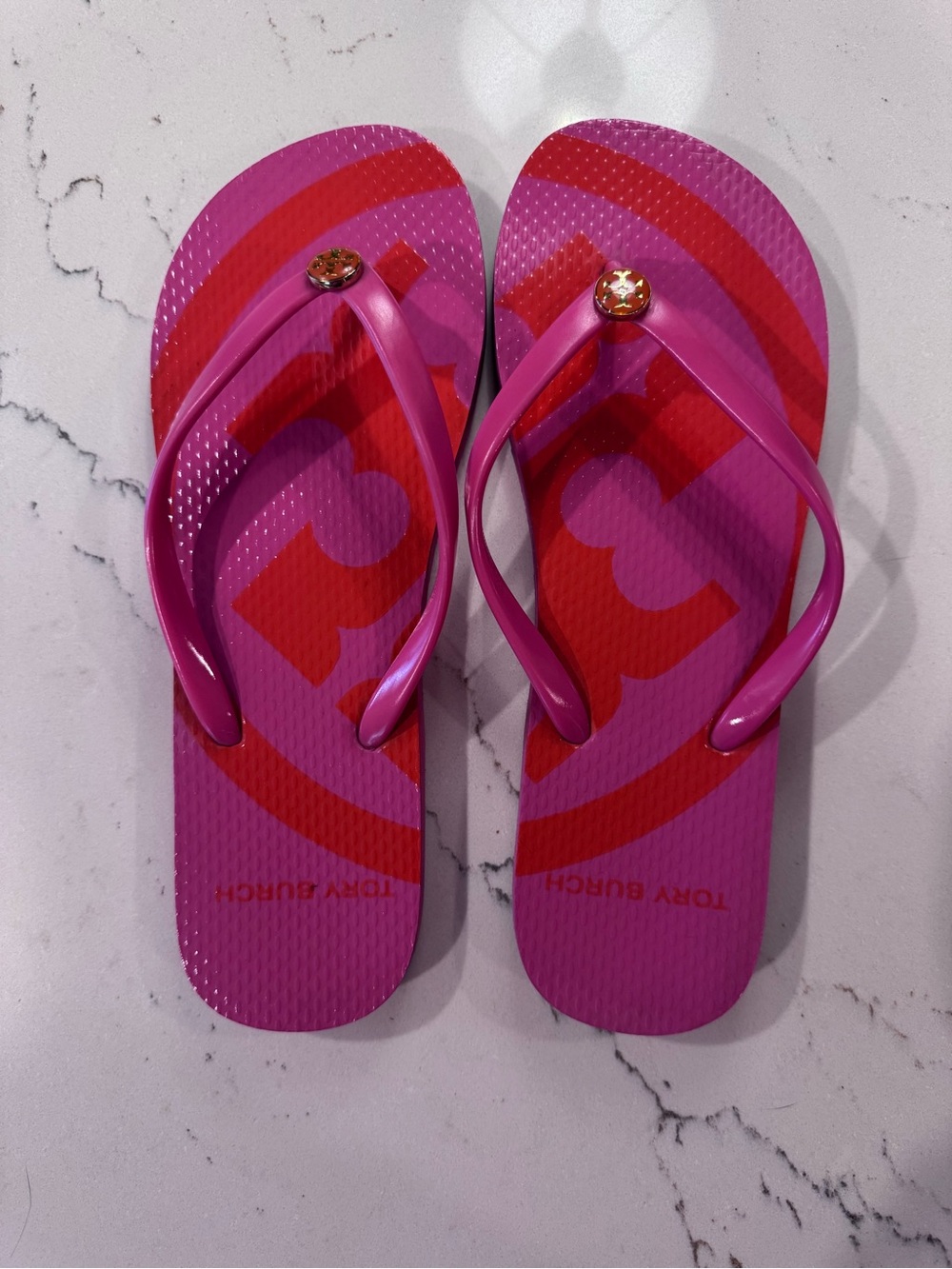 Tory Burch Pink and Orange Logo Jelly Flip Flops